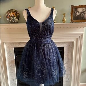 Elegant Navy Blue Dress with Silver Accents